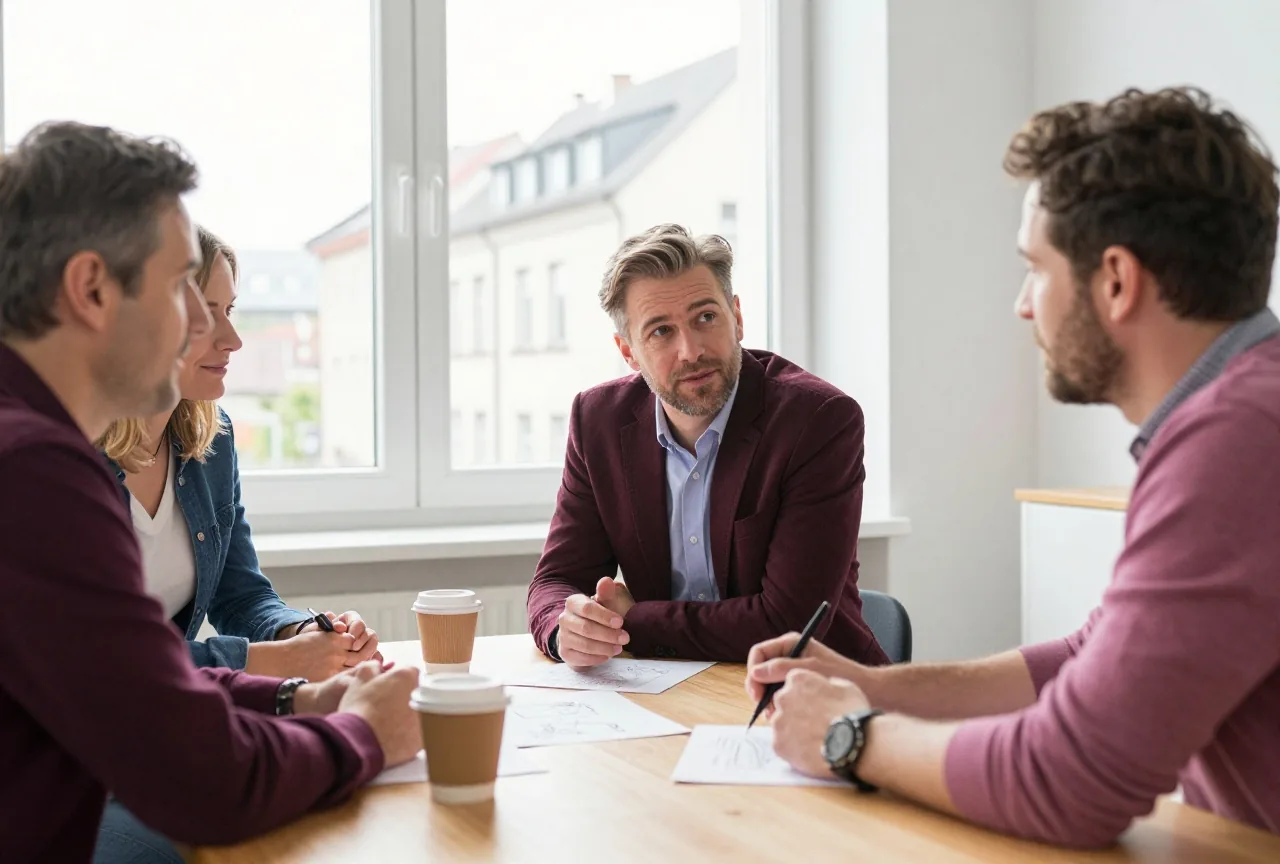 Drei Kollegen in den Vierzigern sprechen an einem Holztisch mit Papierskizzen und Kaffeetassen, weiches Tageslicht
