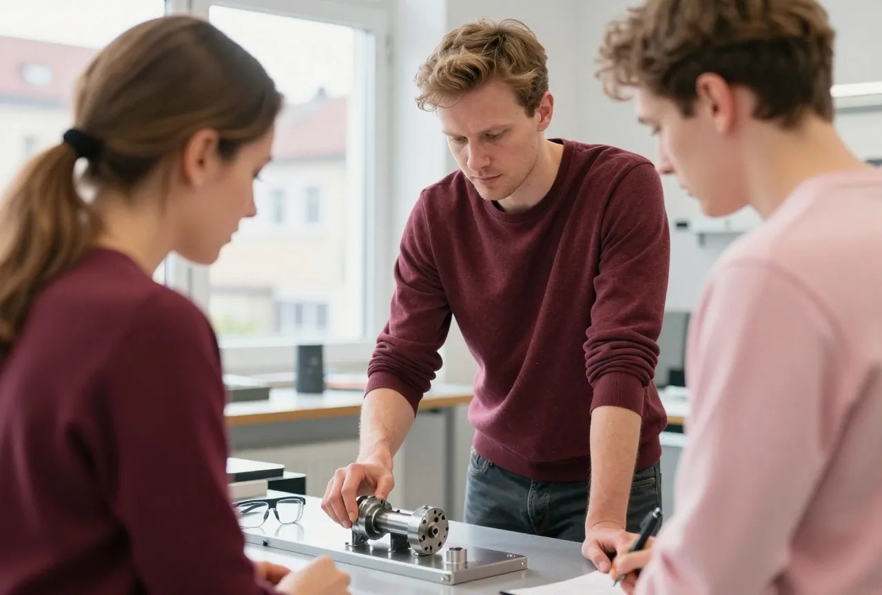 Eine Ingenieurin in den Dreißigern erklärt zwei Kollegen ein Metallteil in einer hellen Werkstatt
