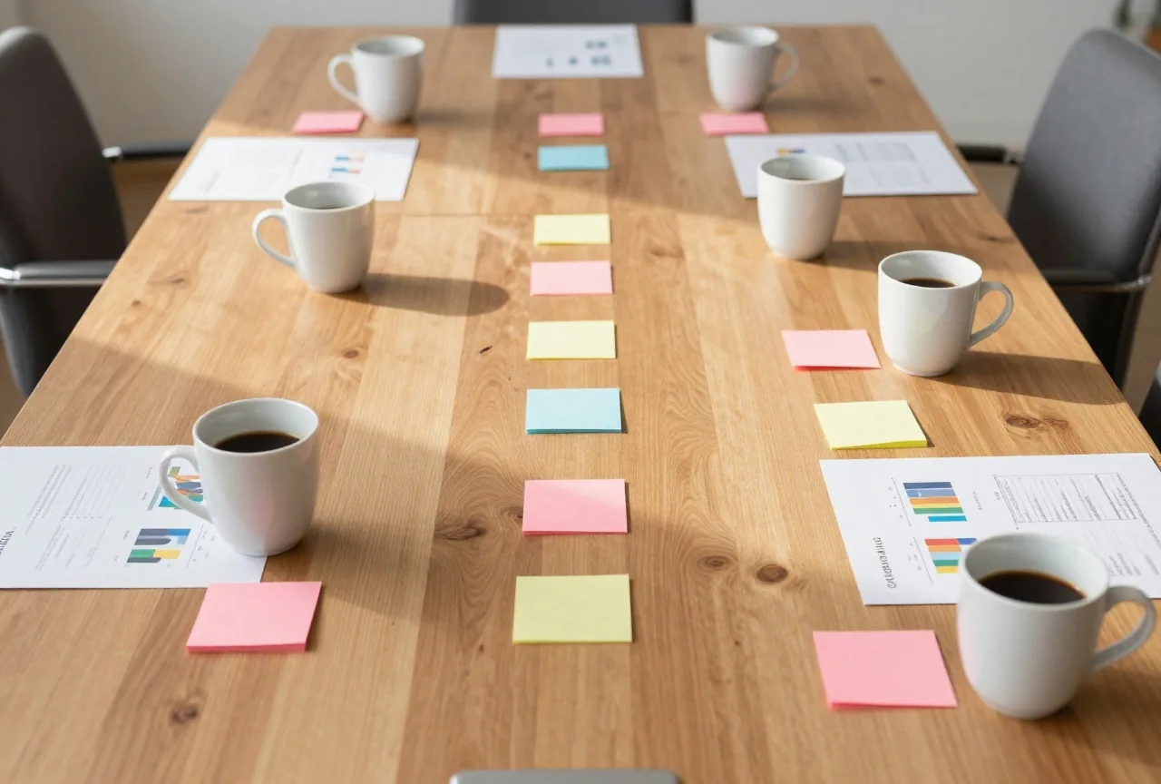 Ein langer Konferenztisch von oben mit Kaffeetassen, leeren bunten Haftnotizen und Diagrammausdrucken ohne Beschriftung