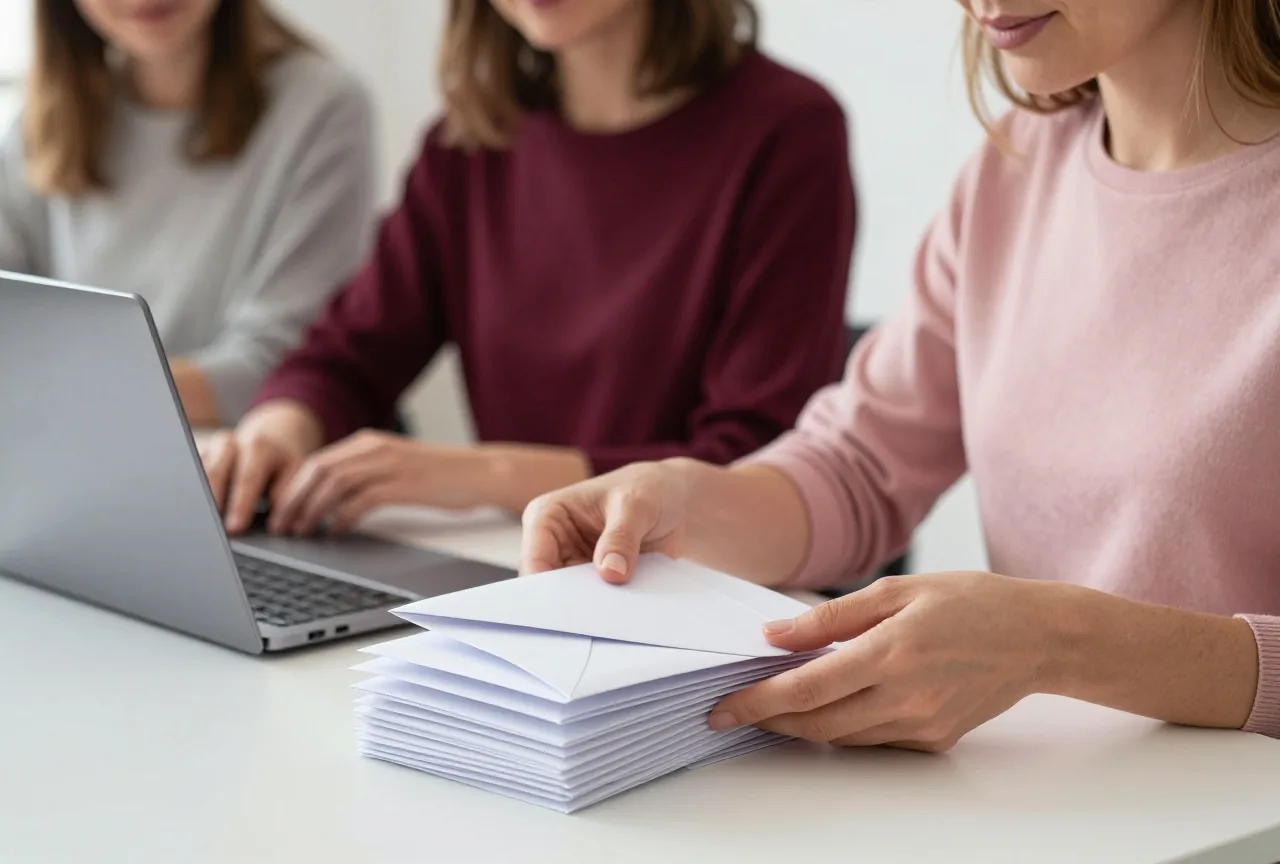 Eine Frau in den Fünfzigern sortiert an einem aufgeräumten Schreibtisch einen Stapel weißer Umschläge, daneben ein zugeklappter Laptop
