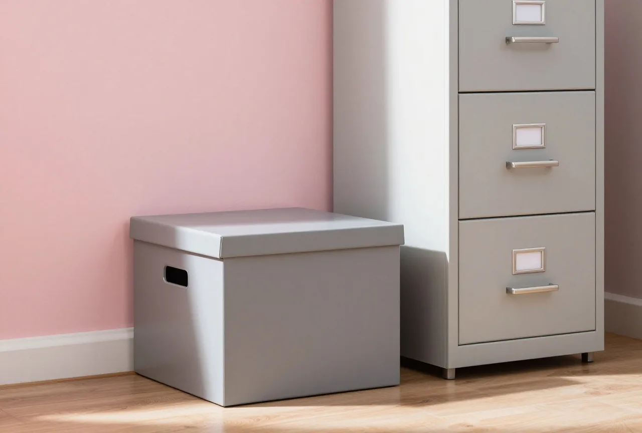 Ein geschlossener grauer Archivkarton und ein abgeschlossener Aktenschrank aus Metall in einer ruhigen Büroecke