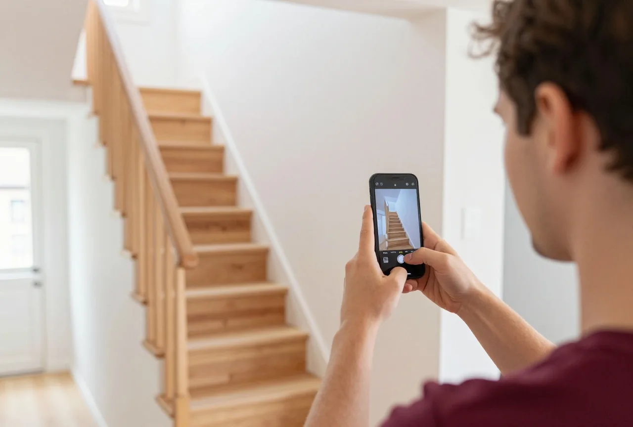 Ein Handwerker fotografiert mit dem Smartphone eine frisch eingebaute Holztreppe in einem hellen Hausflur