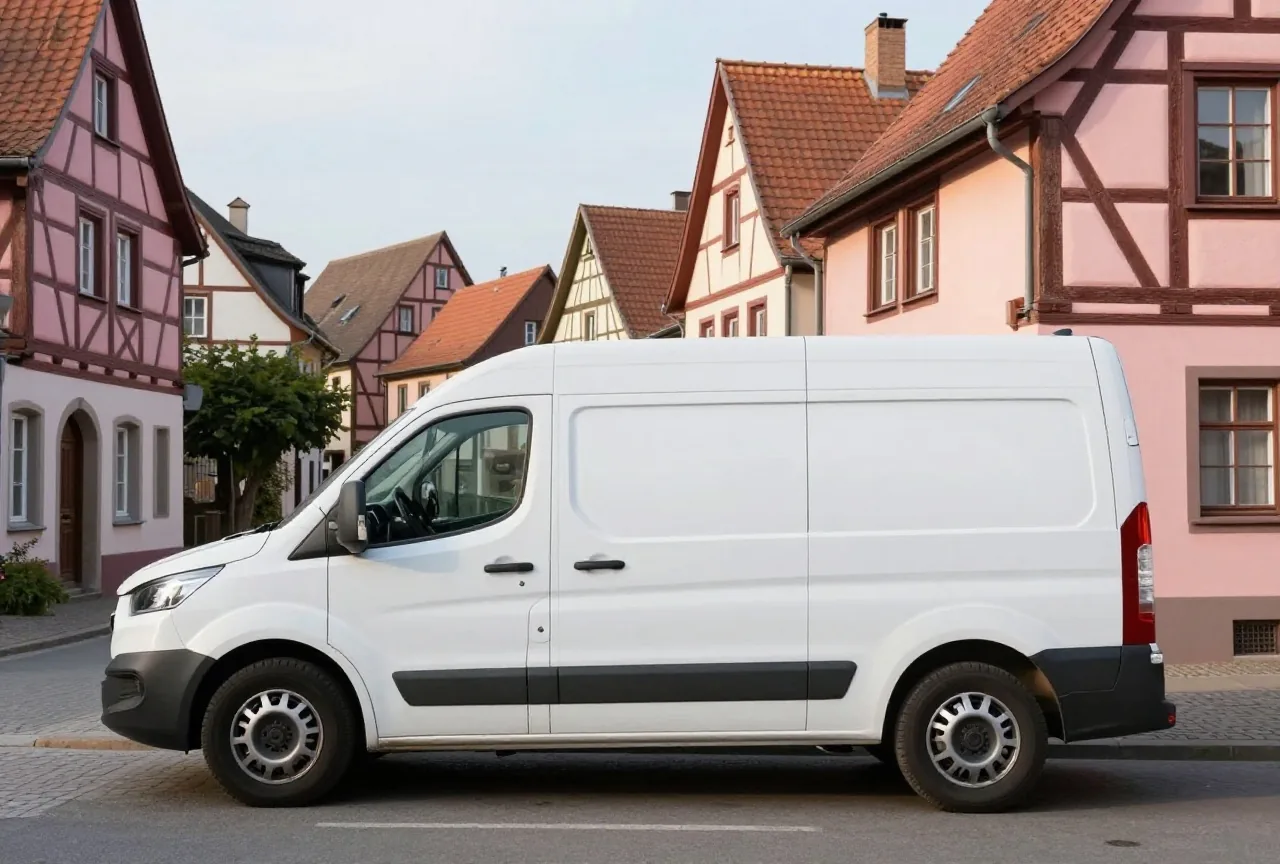 Ein weißer Handwerkertransporter ohne Aufschrift in einer ruhigen Dorfstraße mit Fachwerkhäusern in der Nachmittagssonne