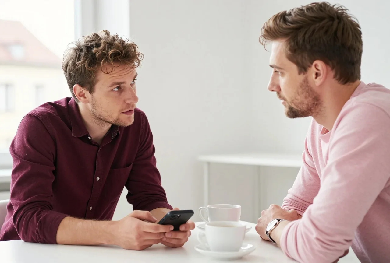 Zwei Kollegen in einem kleinen Büro im kurzen Gespräch, ein Smartphone liegt umgedreht auf dem Tisch, daneben Kaffeetassen