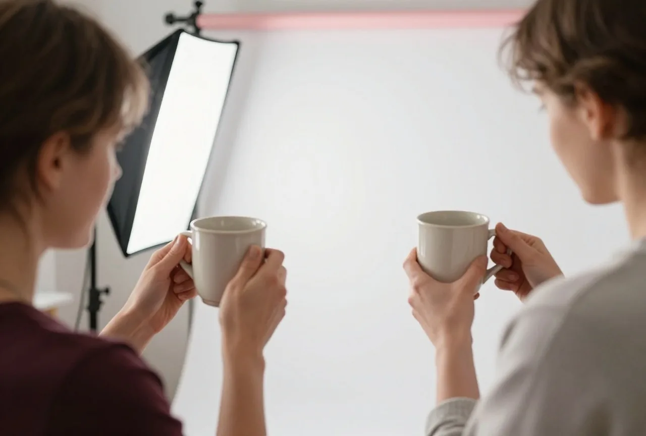 Eine Frau in den Vierzigern fotografiert eine Keramiktasse vor weißem Hintergrund in einem kleinen Fotostudio