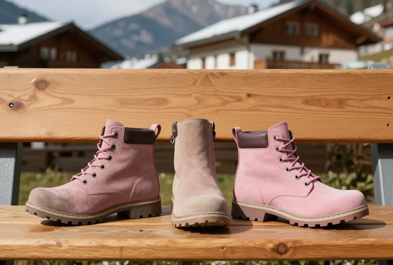 Drei unterschiedliche Wanderschuhe nebeneinander auf einer Holzbank, einer zeigt die Sohle, Licht in einer Berghütte