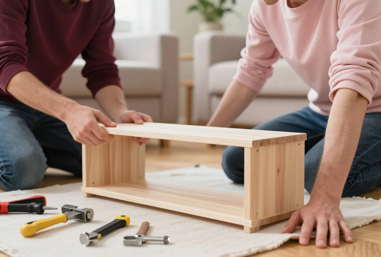 Ein Mann in den Dreißigern baut im Wohnzimmer ein Holzregal auf, Werkzeug liegt auf einem Tuch bereit