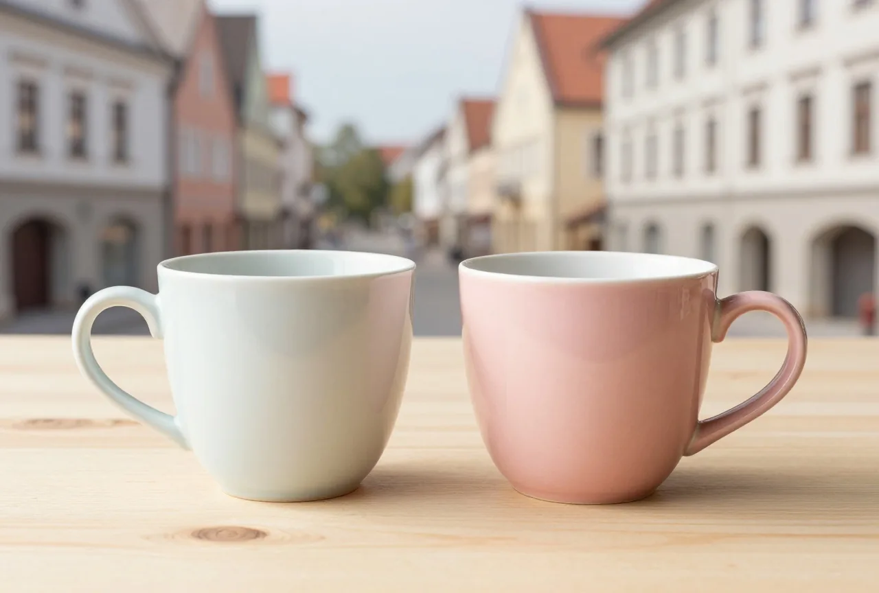 Zwei unterschiedliche Kaffeetassen aus Keramik nebeneinander auf einem hellen Holztisch bei Tageslicht