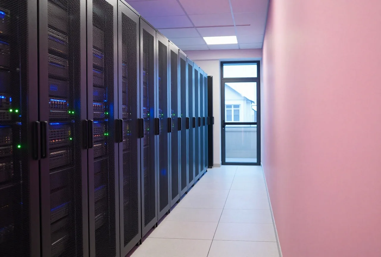 Ein ruhiger Gang in einem Serverraum mit dunklen Schränken und kleinen grünen Kontrollleuchten