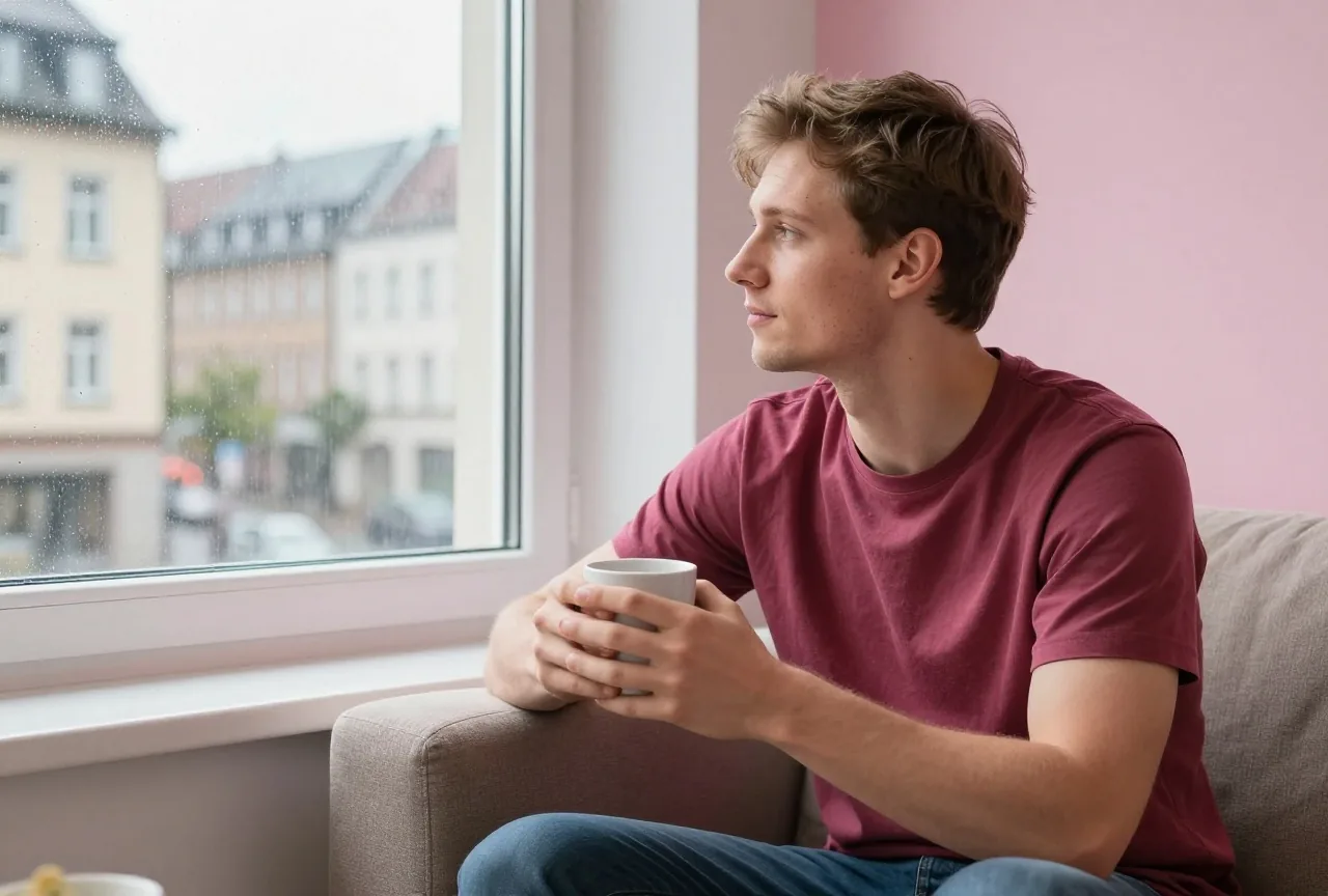 Ein Mann in den Zwanzigern sitzt nachdenklich mit einer Tasse auf dem Sofa und schaut aus dem Fenster