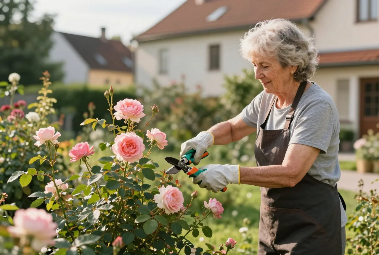 Eine Gärtnerin in den Sechzigern schneidet in einem kleinen Garten einen Rosenstrauch zurück, Abendsonne