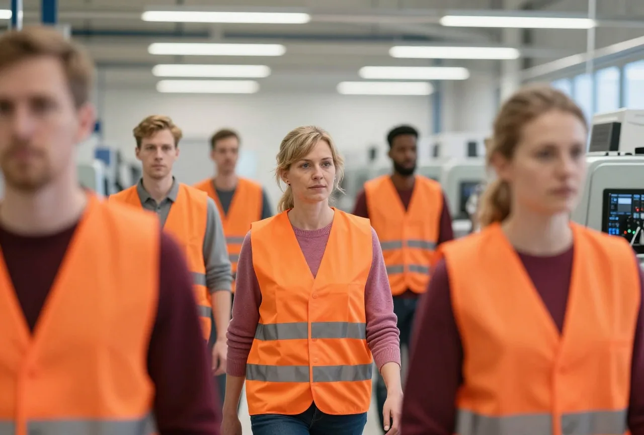 Eine Frau in den Fünfzigern mit Warnweste geht durch eine aufgeräumte Produktionshalle mit Maschinen