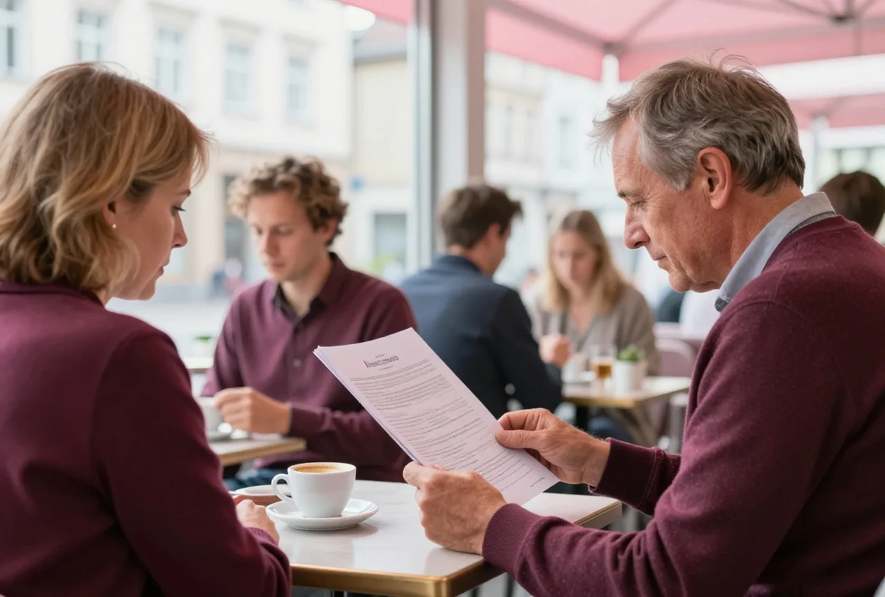Ein Mann in den Sechzigern liest an einem Cafétisch am Fenster ein ausgedrucktes Blatt, daneben eine Tasse Kaffee