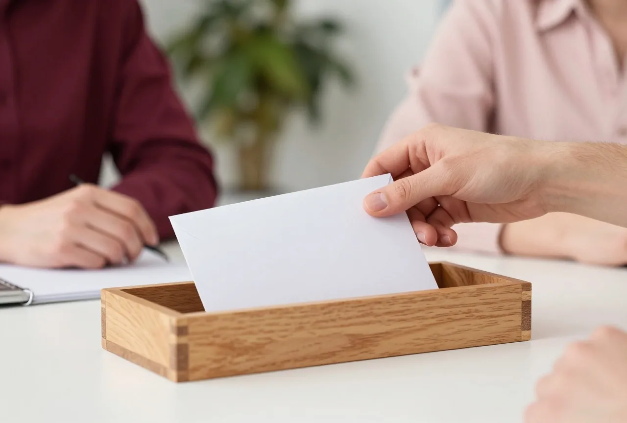 Eine Hand legt einen weißen Umschlag in eine hölzerne Ablage auf einem aufgeräumten Schreibtisch