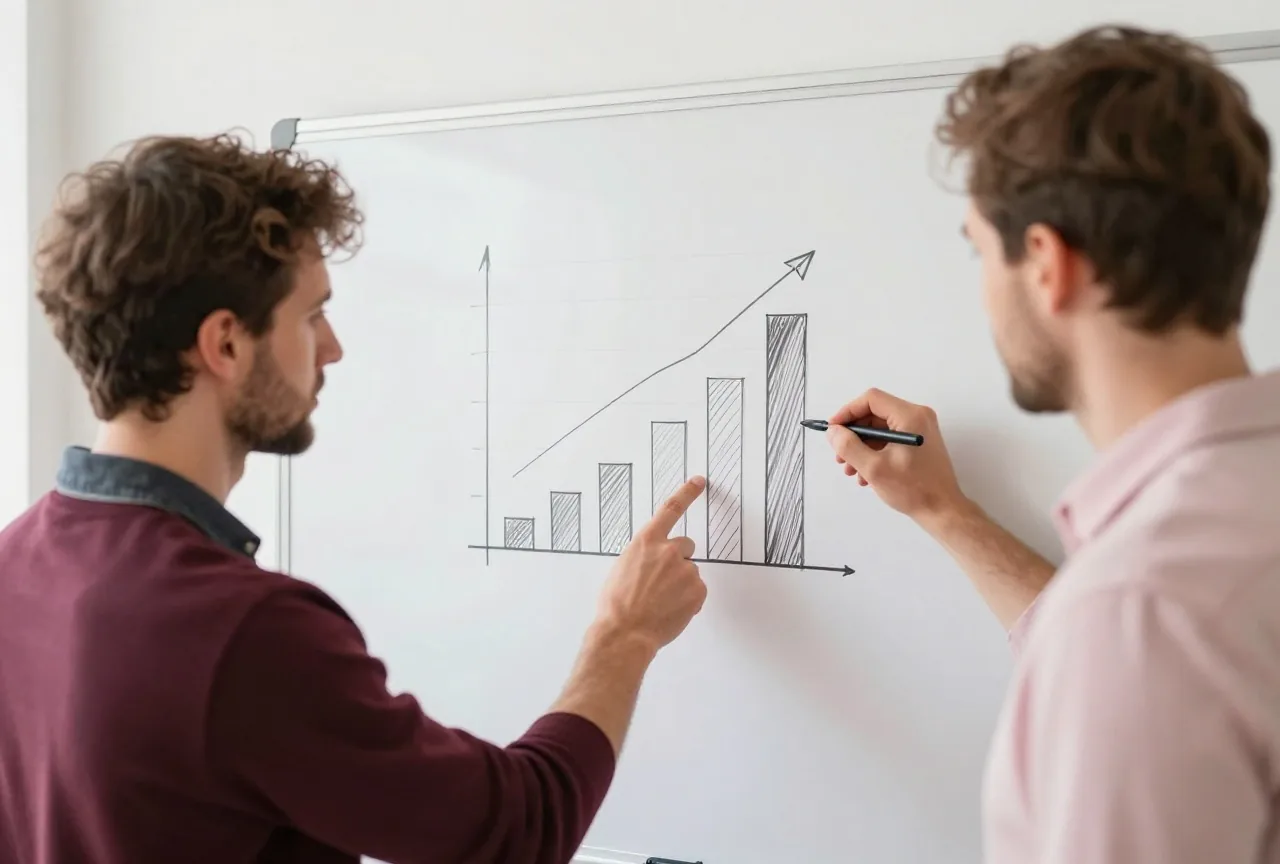 Zwei Kollegen in den Dreißigern besprechen handgezeichnete Balkendiagramme an einem Whiteboard in einem hellen Büro