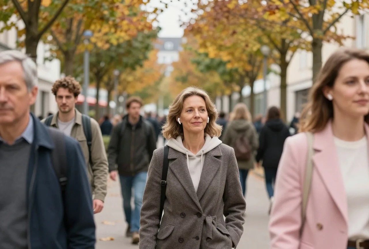 Eine Frau in den Fünfzigern mit kabellosen Ohrhörern geht im Herbst einen von Bäumen gesäumten Weg entlang