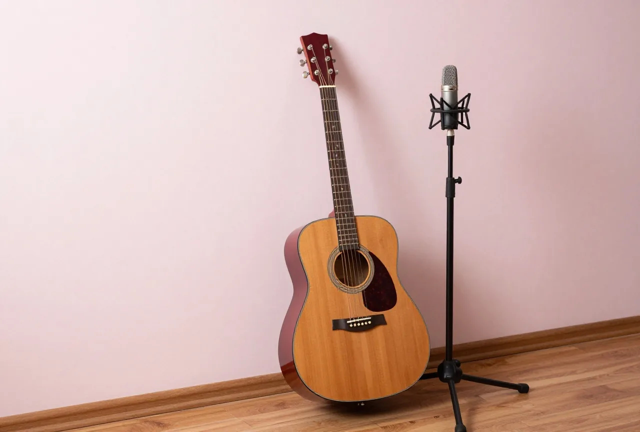 Eine Akustikgitarre lehnt neben einem Mikrofon auf einem Ständer an der Wand eines ruhigen Raums