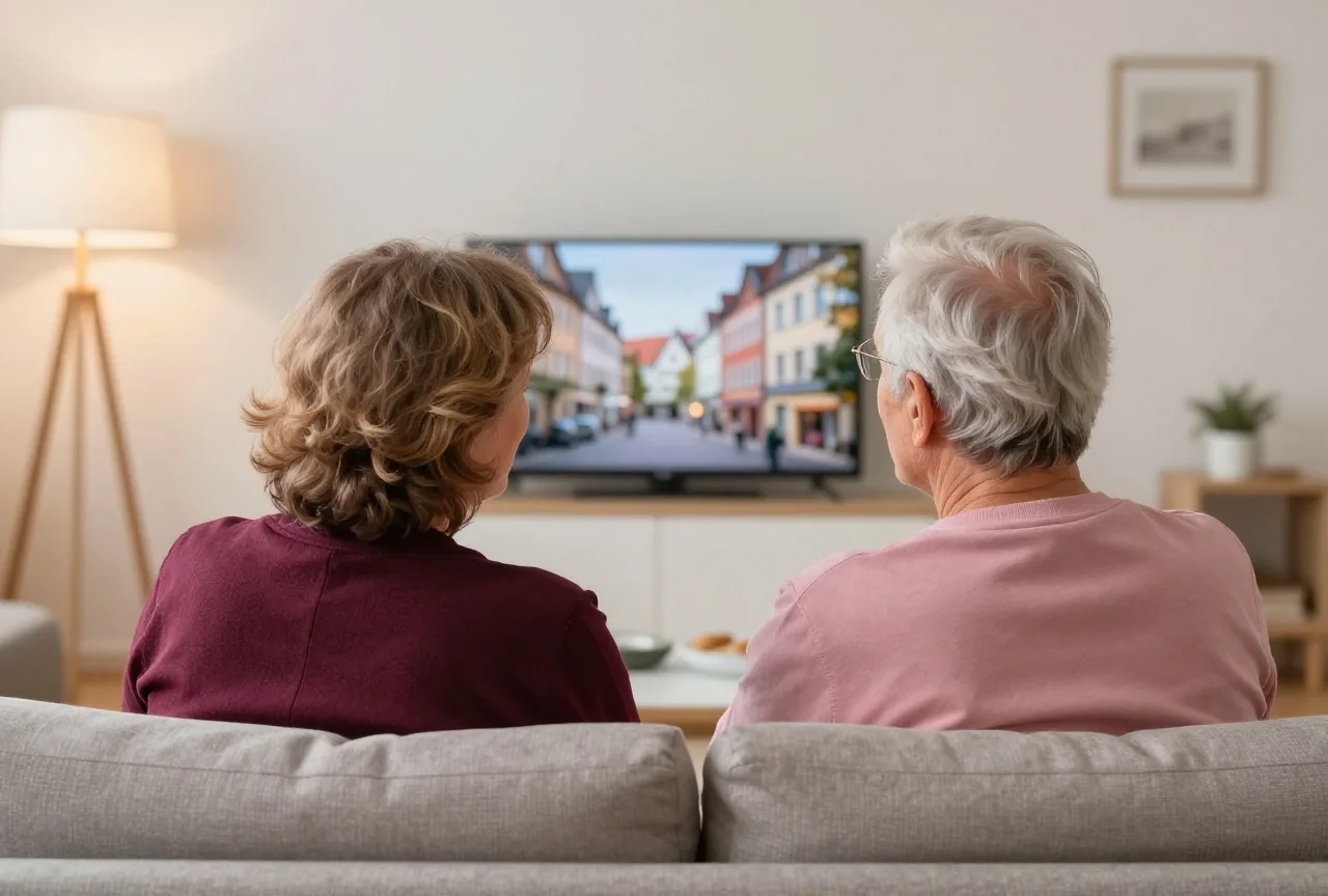 Ein Paar in den Sechzigern sitzt von hinten gesehen auf einem Sofa in einem Wohnzimmer