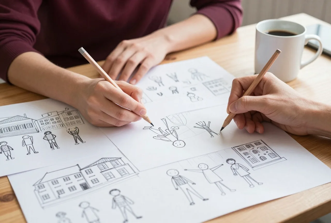 Handgezeichnete Skizzen mit einfachen Strichfiguren liegen neben Bleistift und Kaffeebecher auf einem Holztisch