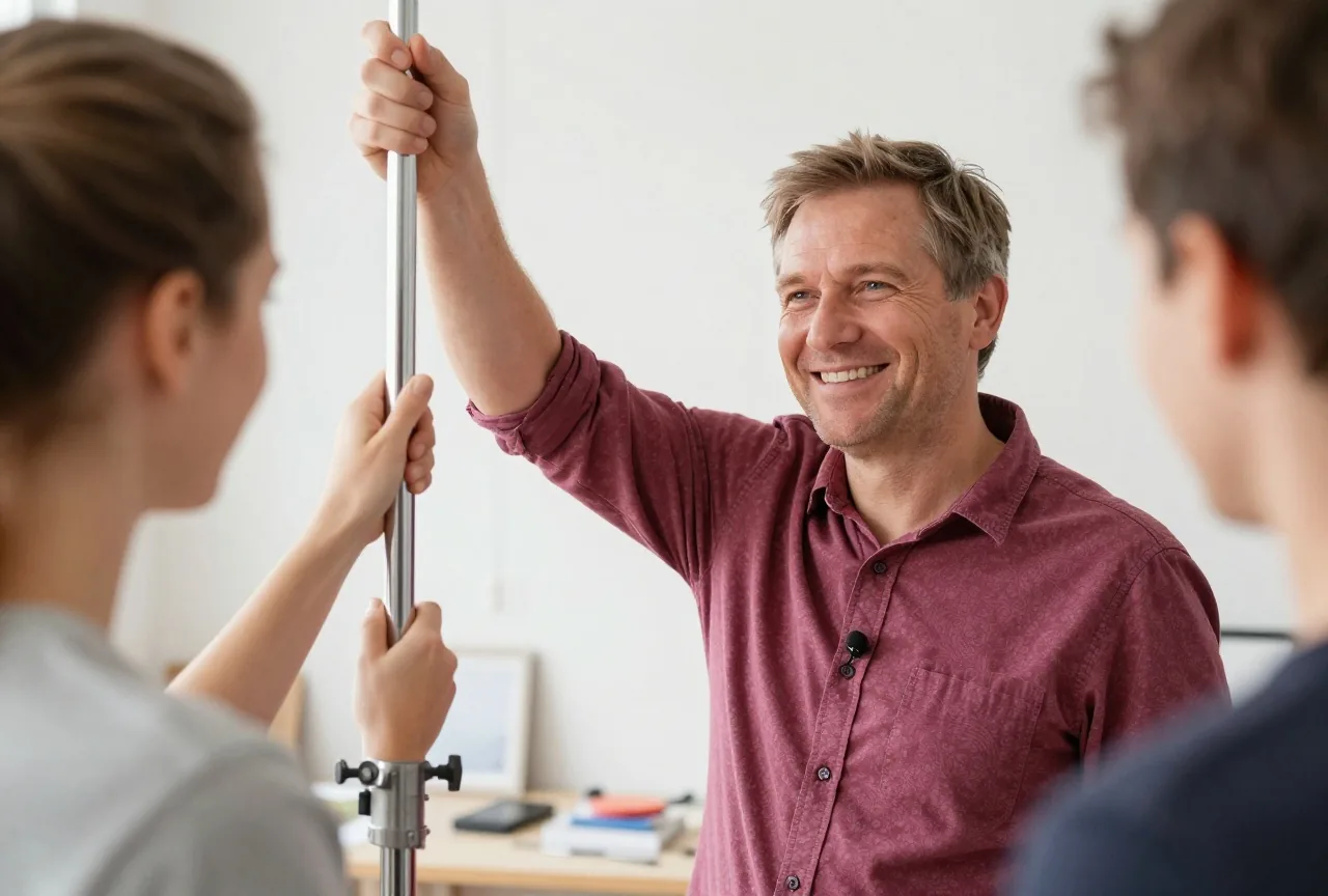 Ein Mann in den Fünfzigern mit Ansteckmikrofon am Hemd, eine jüngere Kollegin richtet daneben eine Leuchte aus