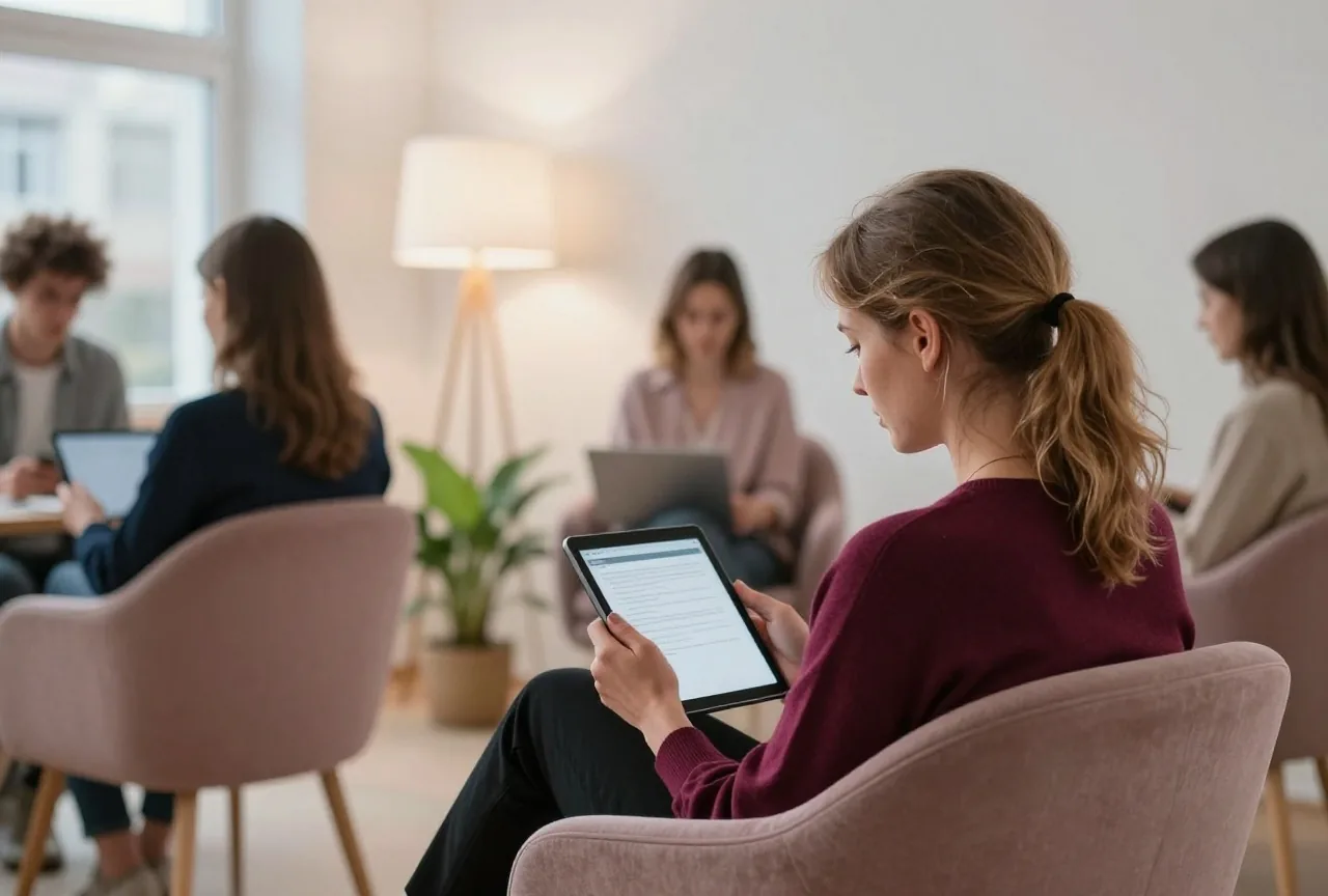 Eine Frau in den Vierzigern sitzt von hinten gesehen im Sessel und liest auf einem Tablet, daneben eine Stehlampe