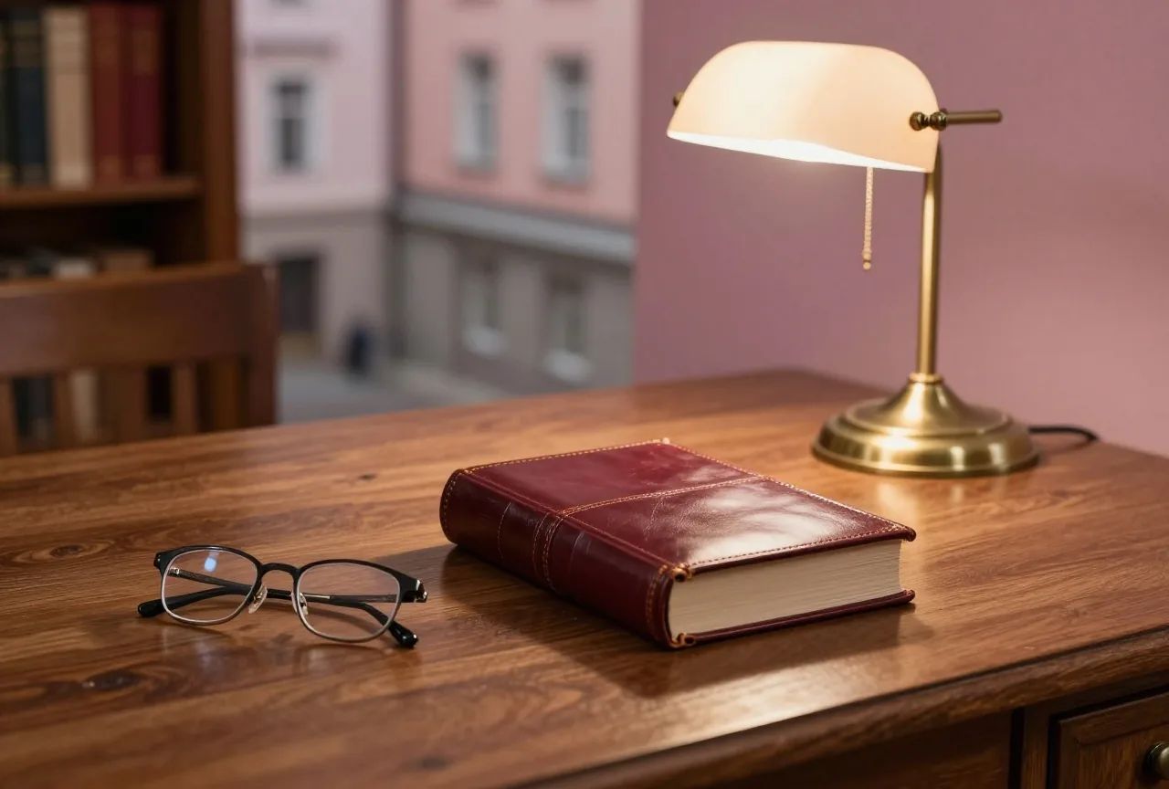 Ein alter Holztisch mit einem geschlossenen ledergebundenen Band, einer Lesebrille und einer Messinglampe im warmen Abendlicht