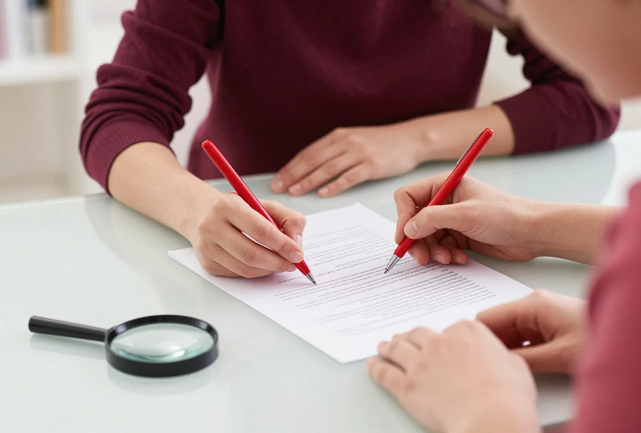 Hände korrigieren mit rotem Stift einen ausgedruckten Entwurf, daneben liegt eine Lupe auf einem hellen Schreibtisch