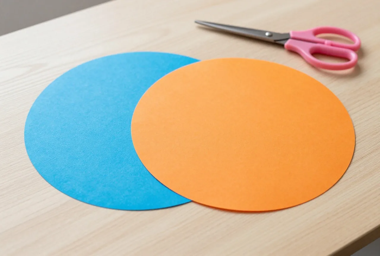 Zwei sich überlappende Kreise aus blauem und orangem Papier auf einem hellen Holztisch mit Schere und Klebestift