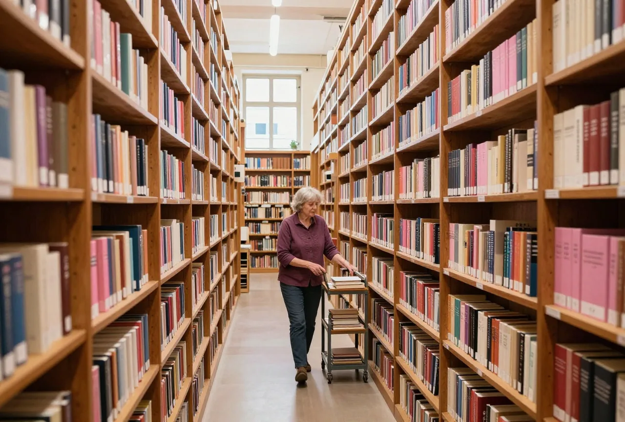 Eine große alte Bibliothekshalle mit langen Regalreihen, eine Bibliothekarin in den Fünfzigern schiebt einen kleinen Wagen