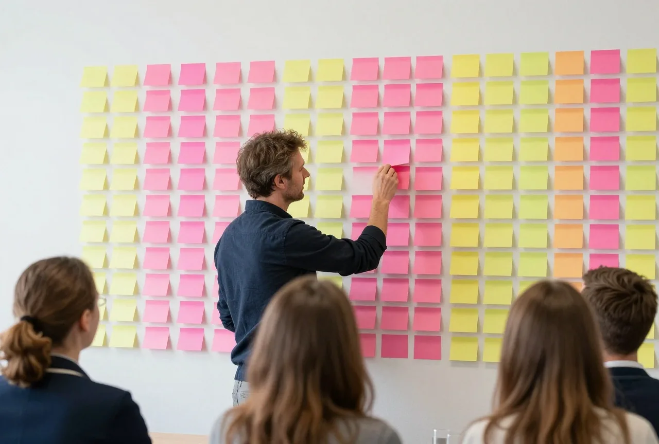Eine Wand im Besprechungsraum mit leeren bunten Haftnotizen in Spalten, ein Mann in den Vierzigern verschiebt eine Notiz