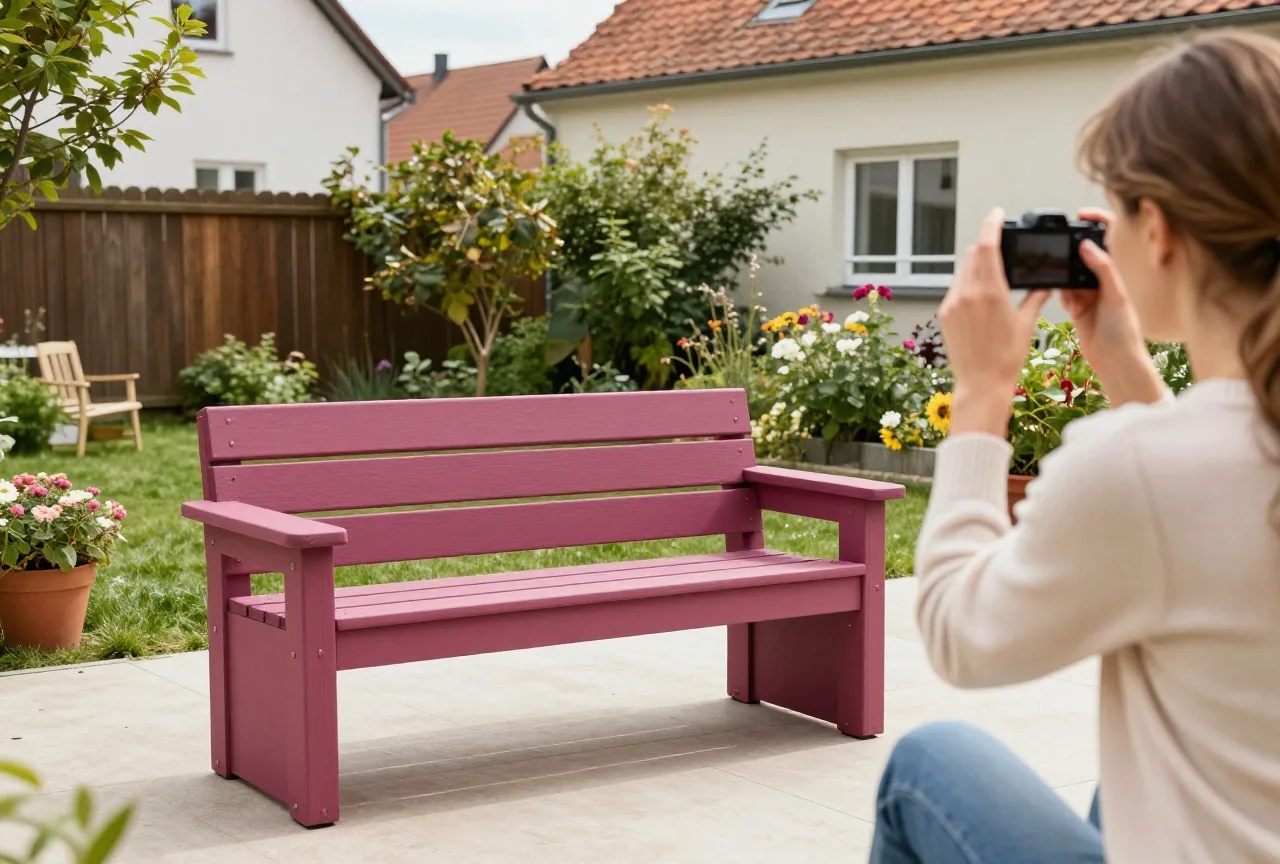 Eine Frau in den Dreißigern fotografiert in einem sonnigen Garten eine frisch gebaute Gartenbank mit einer Kamera