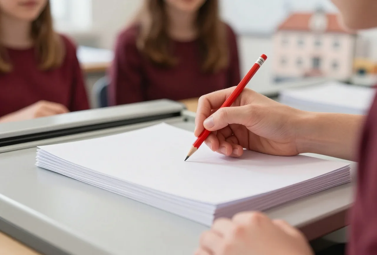 Eine Hand hält einen roten Stift über einem Stapel Papierbögen auf einem hellen Tisch