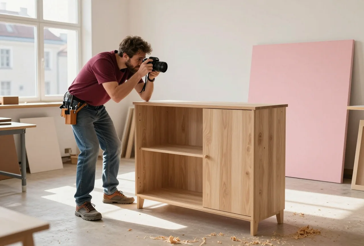 Ein Tischler in den Vierzigern fotografiert in seiner Werkstatt einen fertigen Eichenschrank mit einer Kamera