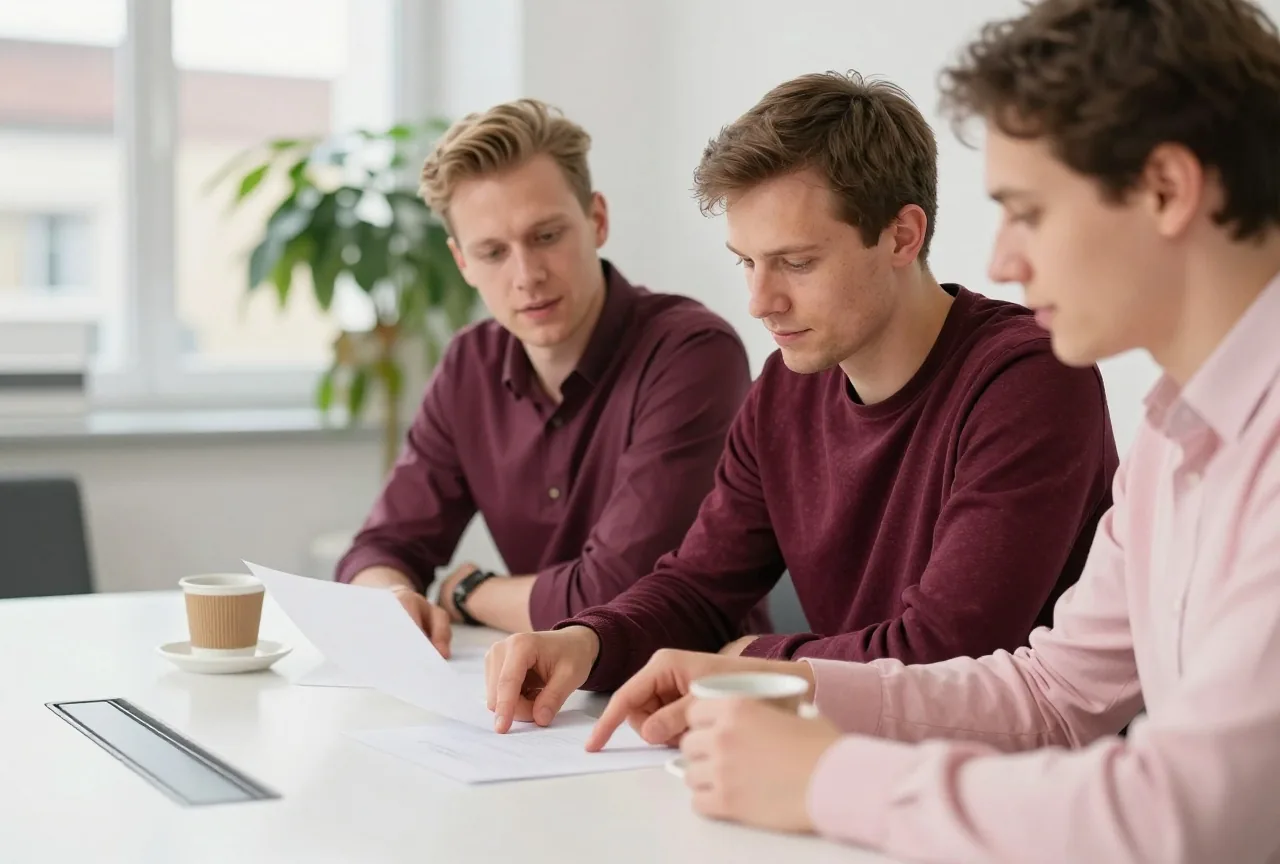 Zwei Kollegen in den Dreißigern und Vierzigern sitzen am Besprechungstisch, einer zeigt auf ein Blatt Papier