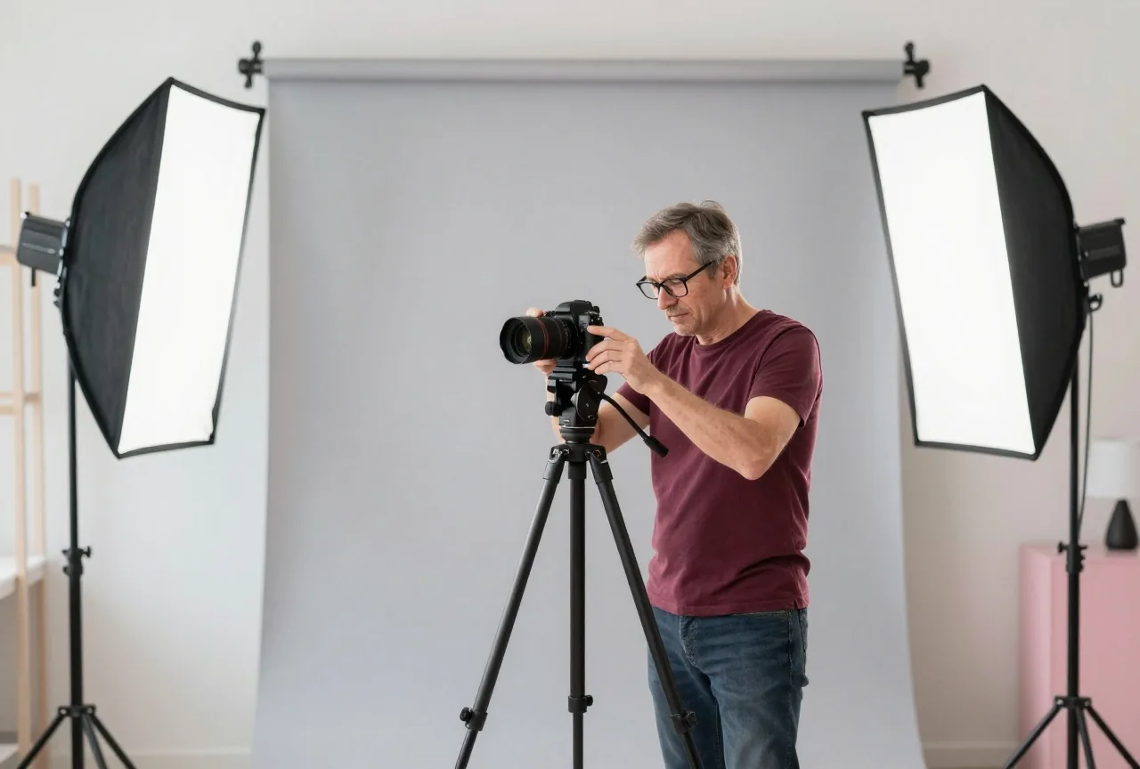Ein Fotograf in den Vierzigern richtet im hellen Studio eine Kamera auf einem Stativ vor grauem Hintergrund aus
