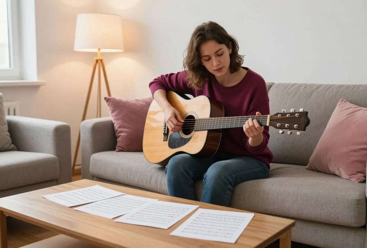 Eine Songschreiberin in den Dreißigern spielt auf dem Sofa Gitarre, auf dem Couchtisch liegen leere Notenblätter