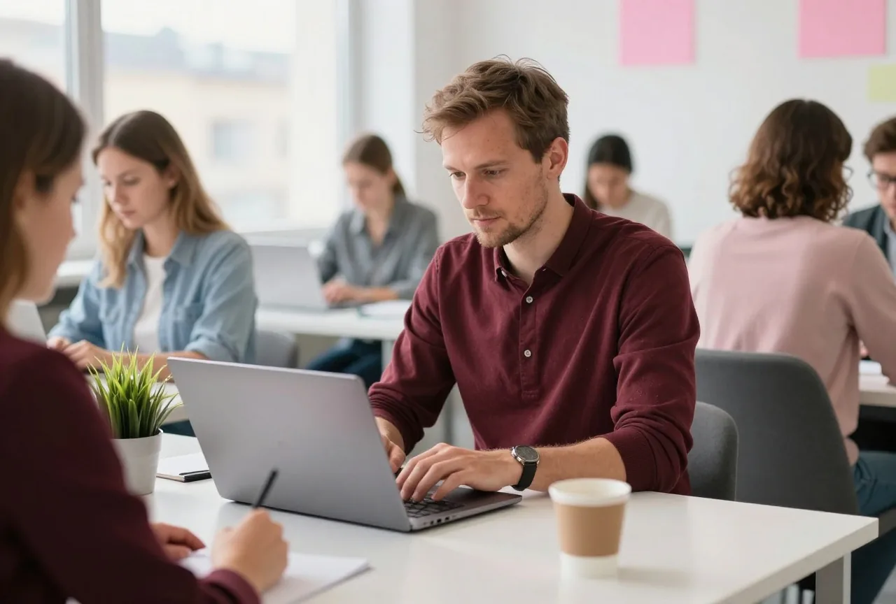 Ein Mann in den Vierzigern klappt an einem aufgeräumten Schreibtisch in einem hellen Büro einen Laptop zu
