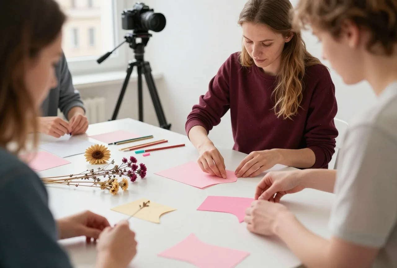 Eine Frau in den Dreißigern ordnet im hellen Studio Papierformen und Trockenblumen für ein Foto auf einem weißen Tisch