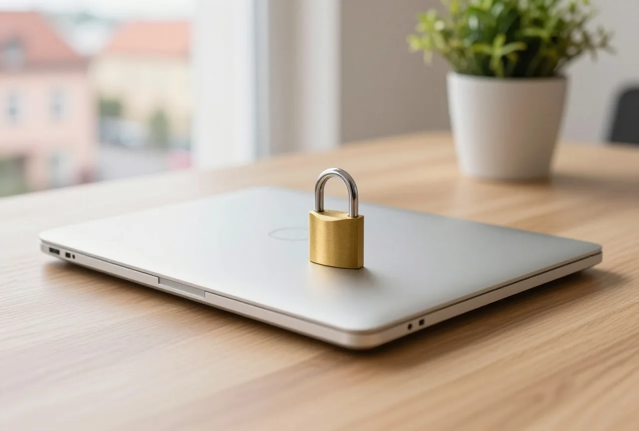 Ein geschlossener Laptop mit einem kleinen Vorhängeschloss darauf auf einem aufgeräumten Eichenschreibtisch