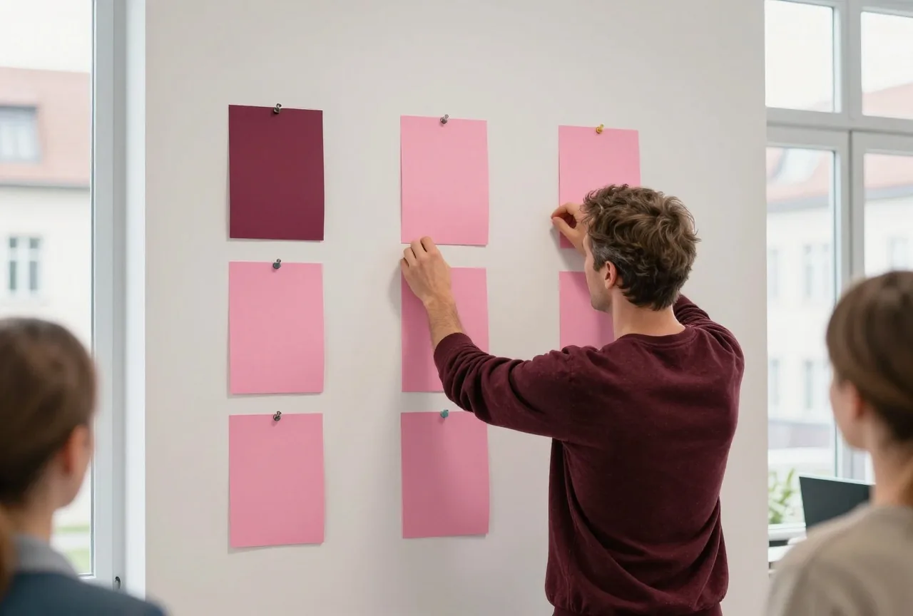 Ein Mann in den Vierzigern heftet farbige Karten in drei Spalten an eine helle Wand