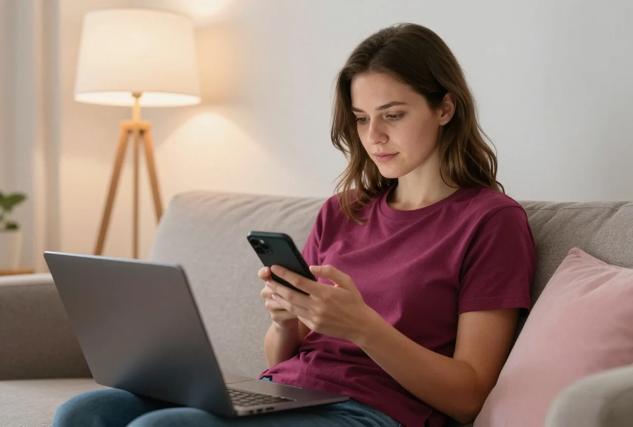 Eine Frau in den Dreißigern sitzt mit Smartphone in der Hand auf dem Sofa, daneben ein geschlossener Laptop
