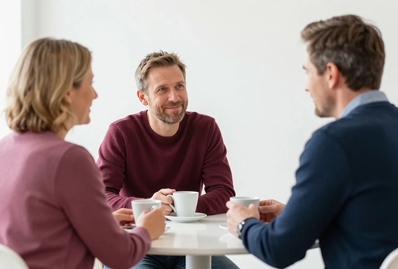 Zwei Erwachsene in den Fünfzigern unterhalten sich an einem kleinen runden Tisch, zwischen ihnen Kaffeetassen
