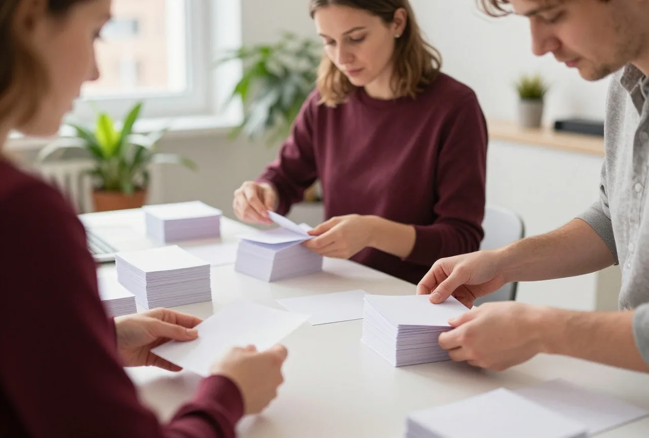 Zwei Kollegen in den Dreißigern sortieren an einem großen Tisch leere Papierkarten in Stapel