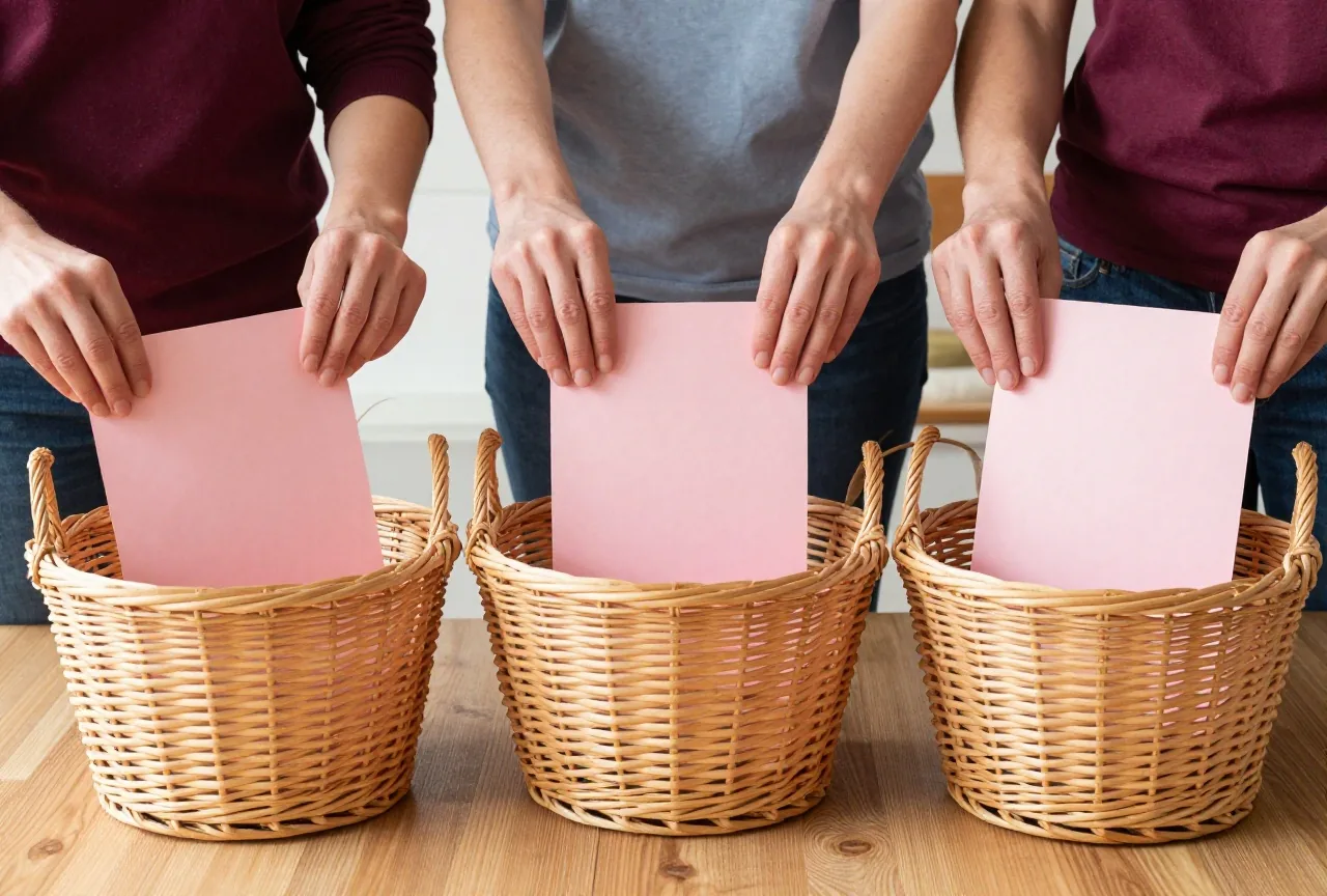 Zwei Hände sortieren schlichte Papierbögen in drei geflochtene Körbe, die nebeneinander auf einem Holzboden stehen