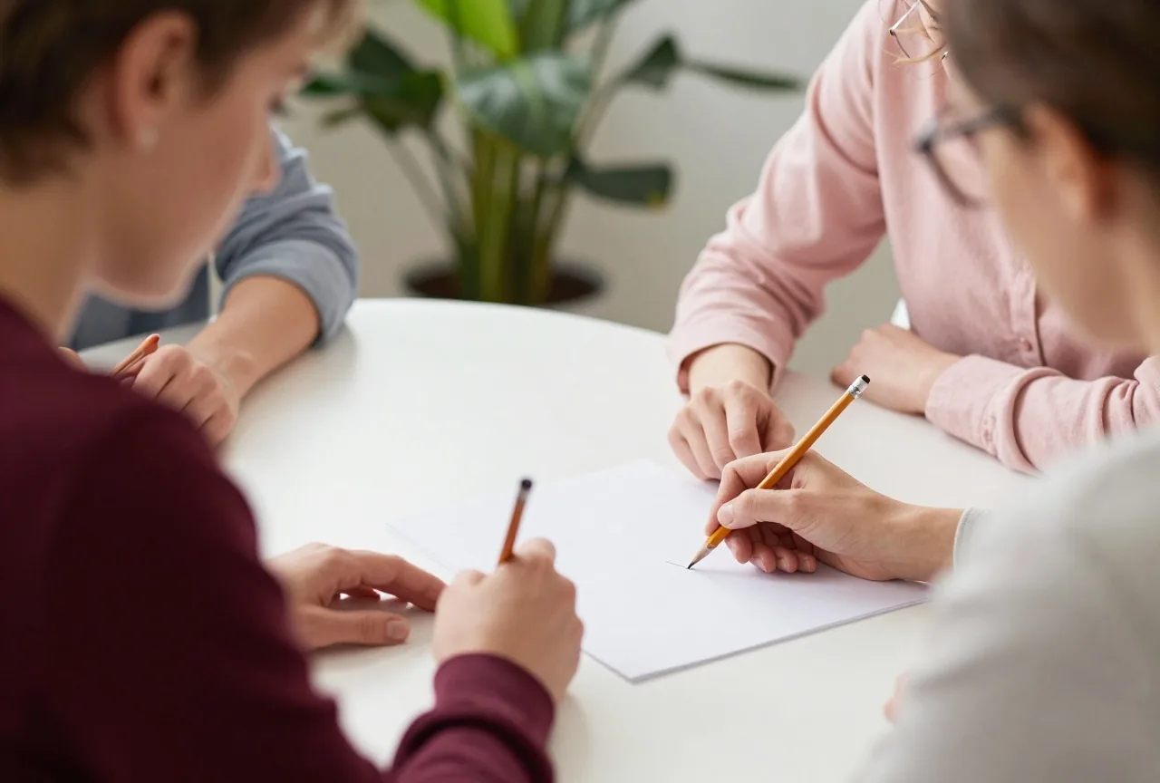 Eine Frau in den Fünfzigern mit Lesebrille überarbeitet an einem hellen Tisch ein leeres Blatt Papier mit Bleistift