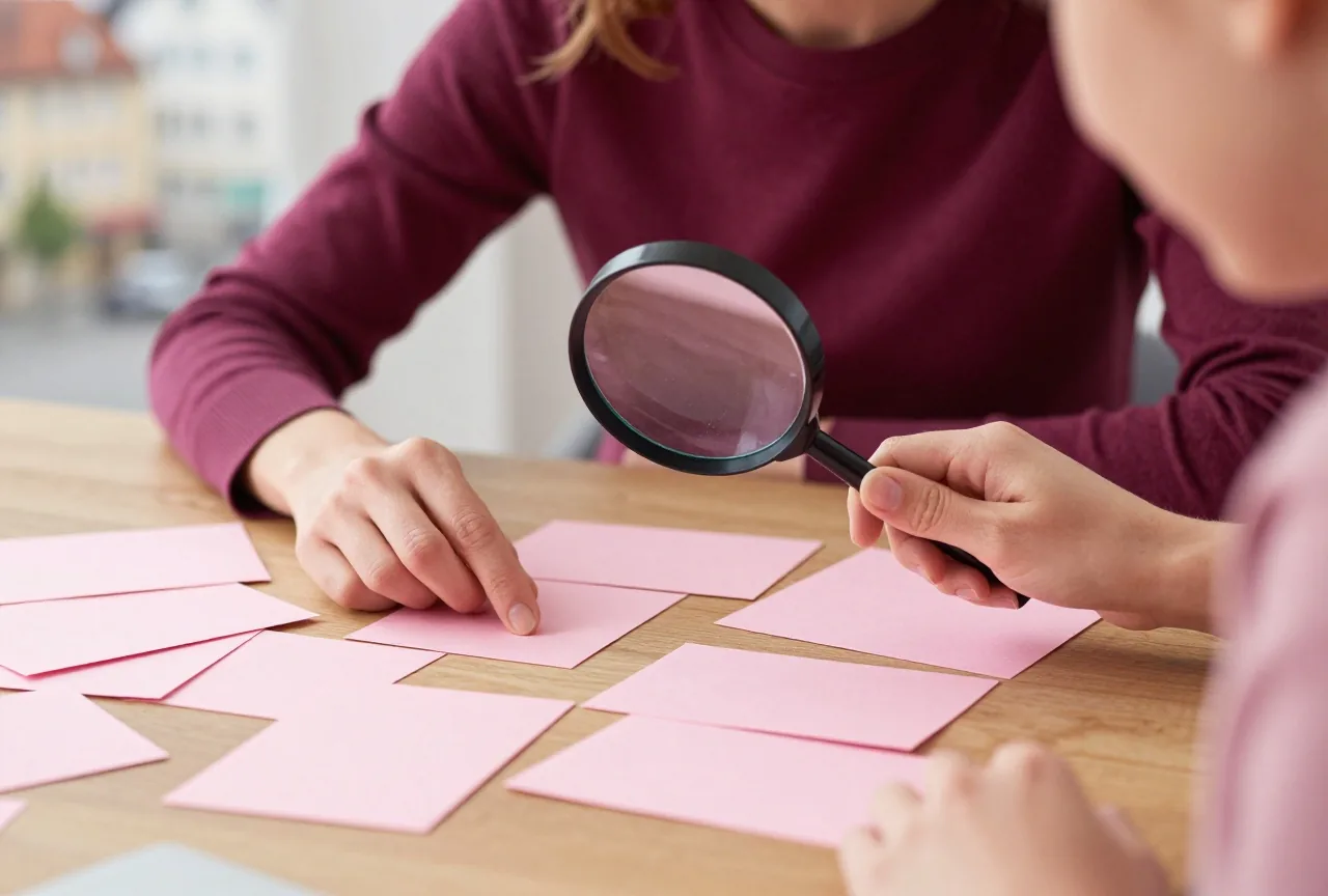 Eine Frau in den Dreißigern hält eine große Lupe über verstreute leere Papierkarten auf einem Holztisch