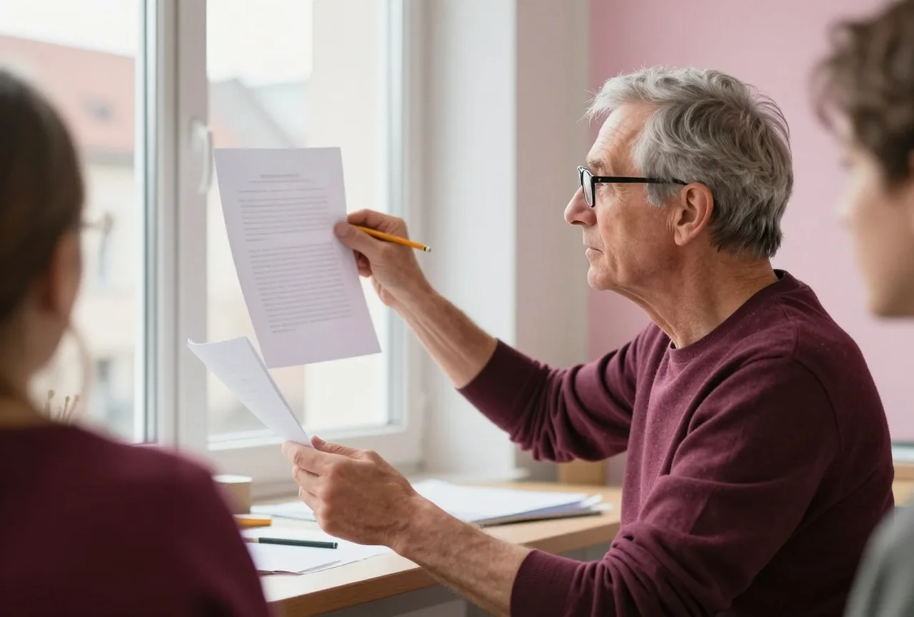 Ein älterer Mann mit Lesebrille hält in einem ruhigen Werkstattbüro ein Blatt Papier ins Fensterlicht