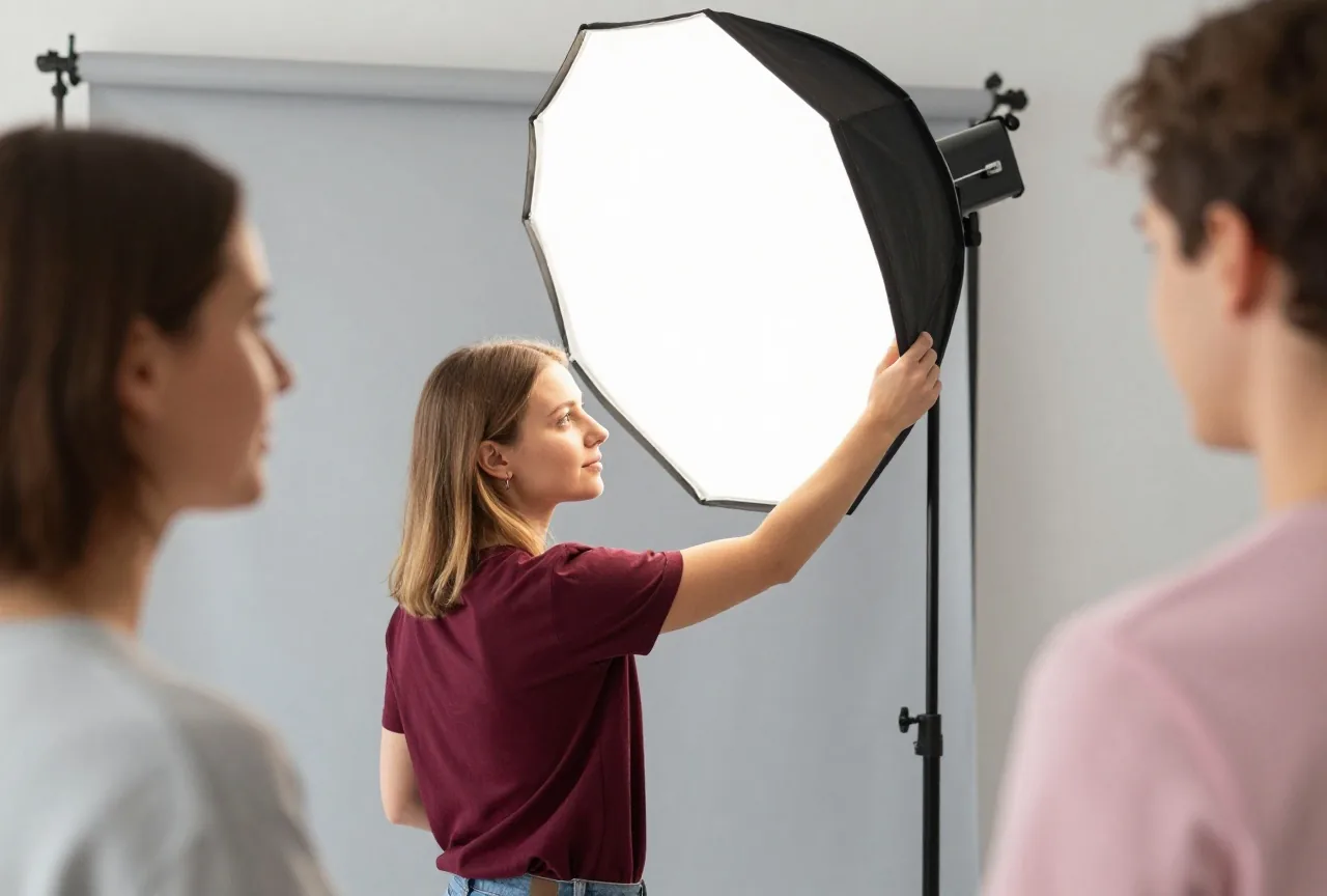 Eine Frau in den Zwanzigern richtet in einem hellen Studio vor grauem Hintergrund eine Studioleuchte auf einem Stativ aus