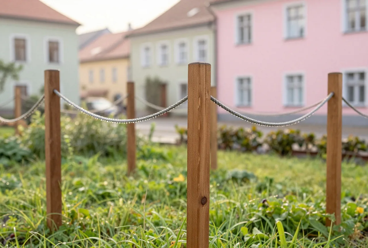 Mehrere Holzpfähle in einem grünen Garten sind mit dünnen Seilen verbunden, auf denen Morgentau glänzt