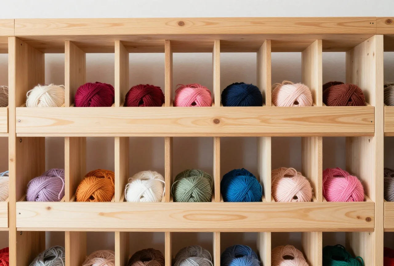Ein Holzregal in einer Werkstatt mit Reihen kleiner Holzkisten, jede mit Wolle in einer anderen Farbe